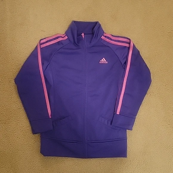 Kids purple adidas jacket with pink stripes. - Picture 1 of 7